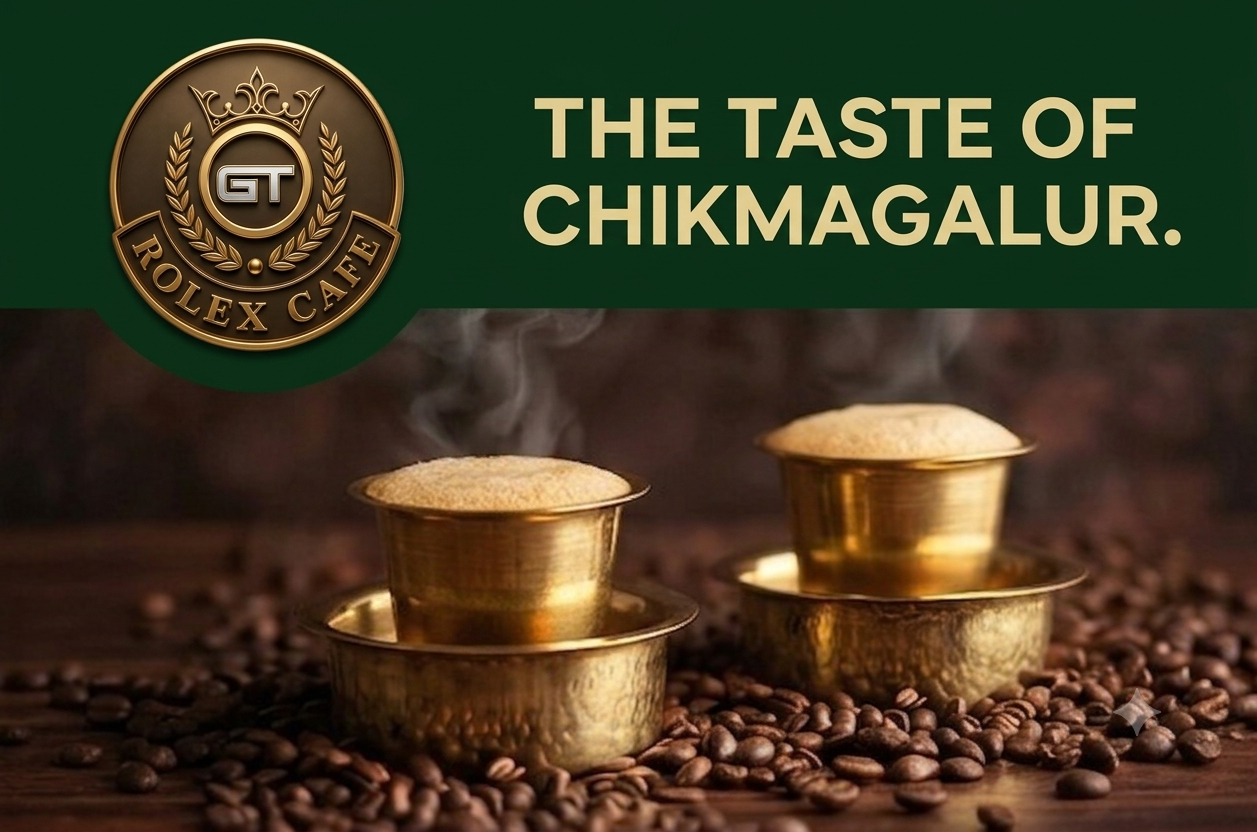 Rolex Cafe filter coffee served in traditional davara-tumbler over Chikmagalur coffee beans