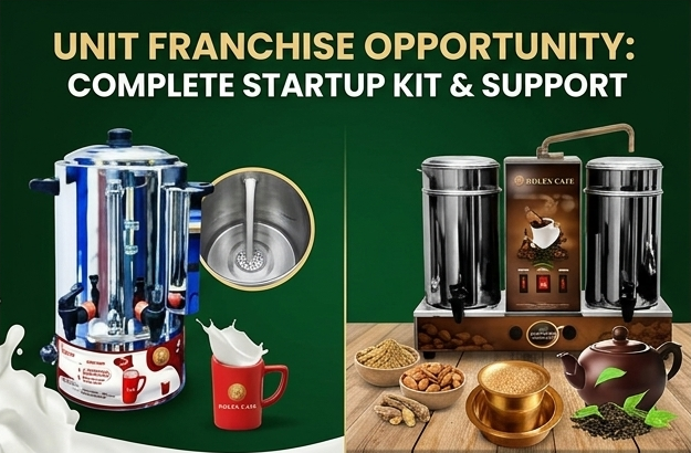 Rolex Cafe start-up kit: milk boiler, filter coffee and tea maker, and raw materials including sonti, badam and lemon powders